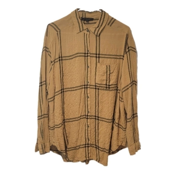 Jane + Delancey Brown Black plaid checks crinkle button down size Medium‎ - Picture 1 of 7